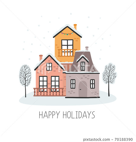 Christmas card with houses, happy holidays. Vector illustration Christmas card with houses, happy holidays. Vector illustration 70188390