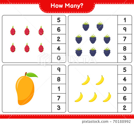 Counting game, how many fruits. Educational children game, printable worksheet, vector illustration 70188992