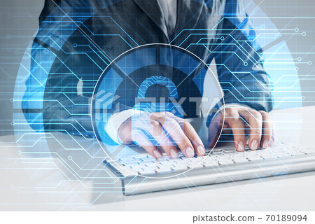 Internet security concept with woman typing password on keyboard Internet security concept with woman typing password on keyboard 70189094