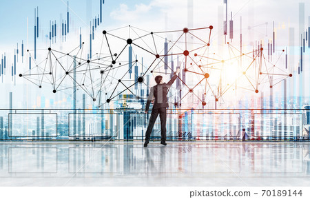 Rear view of businessman drawing social connection and networking concept Rear view of businessman drawing social connection and networking concept 70189144