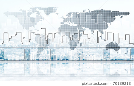 Concept of global communication and networking with world map over cityscape Concept of global communication and networking with world map over cityscape 70189218