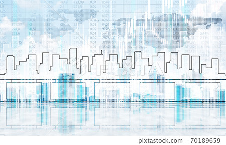 Concept of global communication and networking with world map over cityscape Concept of global communication and networking with world map over cityscape 70189659