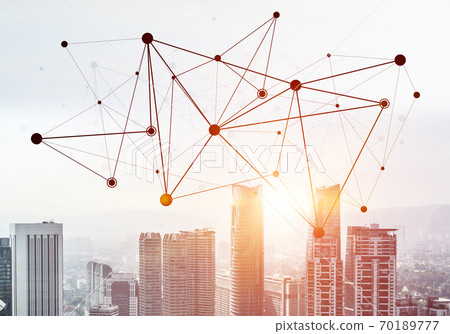 Modern city and social net as concept for global networking Modern city and social net as concept for global networking 70189777