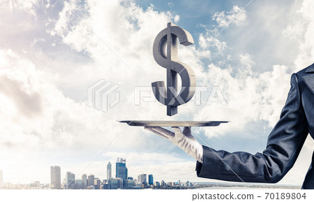 Waiter presenting dollar symbol on tray. Waiter presenting dollar symbol on tray. 70189804