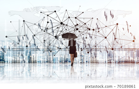 Elegant businesswoman standing with back and looking at modern business cityscape. Mixed media Elegant businesswoman standing with back and looking at modern business cityscape. Mixed media 70189861