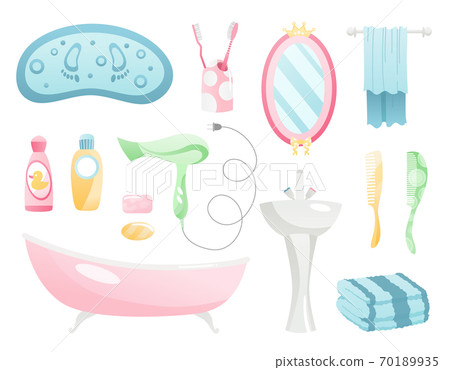 Bathroom cartoon elements collection. Personal hygiene and everyday body care bath accessories. Towel, bathtub, mirror, toothbrush and bottles isolated vector objects 70189935