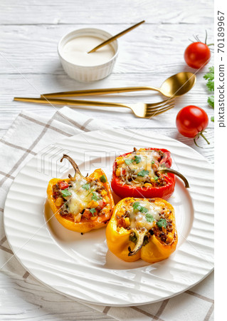 stuffed bell peppers with ground beef, corn 70189967