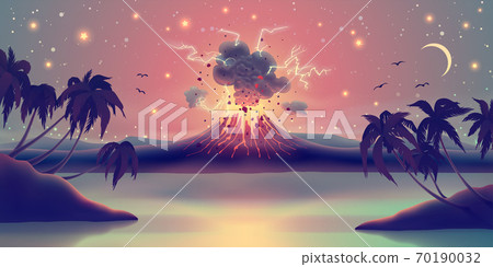 Landscape with eruption from volcano crater, glowing lava, sea, palm trees silhouette against starry evening sky. Digital vector illustration. Landscape with eruption from volcano crater, glowing lava, sea, palm trees silhouette against starry evening sky. Digital vector illustration. 70190032