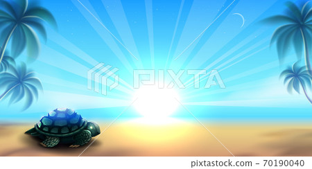 Summer sea beach landscape with palm trees, blue sky and turtle on sand. Beautiful seascape with tropical coast, shore, sun light beams for season poster. Tropical background in vector. 70190040