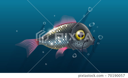 Fish under water with air bubbles over blue background, fishing live bait in river, sea. Vector illustration. Fish under water with air bubbles over blue background, fishing live bait in river, sea. Vector illustration. 70190057