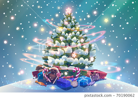 Christmas tree card with shining garland, glowing spiral or rings, presents, sweets, candies, snowflakes in vector. Happy New Year holiday illustration. Christmas tree card with shining garland, glowing spiral or rings, presents, sweets, candies, snowflakes in vector. Happy New Year holiday illustration. 70190062