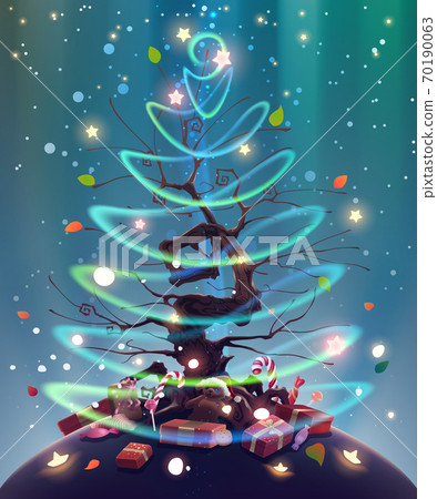 Christmas tree with green leaves, shining garland, glowing lights, presents, sweets, stars in vector. Happy New Year holiday card with gifts and decorations. Christmas tree with green leaves, shining garland, glowing lights, presents, sweets, stars in vector. Happy New Year holiday card with gifts and decorations. 70190063