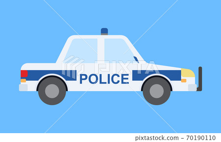 Police car in flat style. Side view, isolated on blue background. Police car in flat style. Side view, isolated on blue background. 70190110