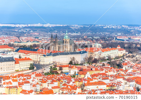 Aerial view of Prague Castle, Czech: Prazsky hrad, with Saint Vitus Cathedral. Panoramic view from Petrin lookout tower. Prague, Czech Republic Aerial view of Prague Castle, Czech: Prazsky hrad, with Saint Vitus Cathedral. Panoramic view from Petrin lookout tower. Prague, Czech Republic 70190315