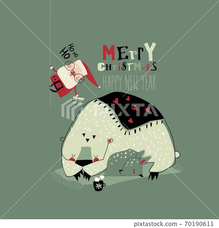 Funny cartoon Santa Claus giving gifts to animals 70190611