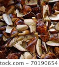 Texture boiled fresh processed mushrooms cooking. Sliced pieces of polish  boletus mushrooms are boiling process cuisine. Harvesting mushrooms for the winter.  70190654