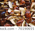 Texture boiled fresh processed mushrooms cooking. Sliced pieces of polish  boletus mushrooms are boiling process cuisine. Harvesting mushrooms for the winter.  70190655