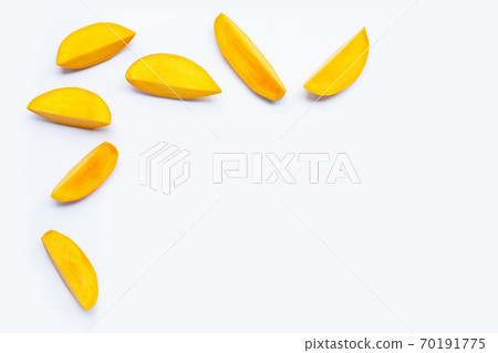 Tropical fruit, Mango slices on white background. 70191775
