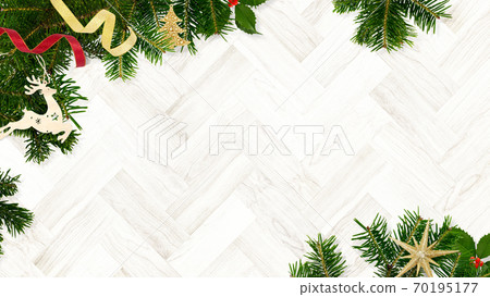 Wood grain background decorated with fir trees and Christmas ornaments-there are multiple variations 70195177