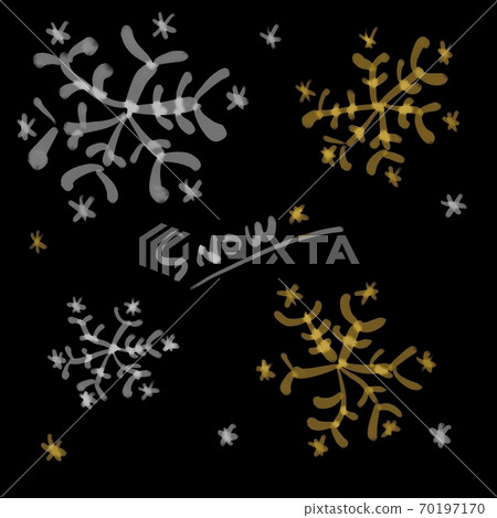 Flower-like snowflake drawn with a watercolor brush_gold and silver on a black background Flower-like snowflake drawn with a watercolor brush_gold and silver on a black background 70197170