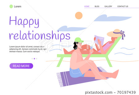 Web banner template with couple vacation together, flat vector illustration. Web banner template with couple vacation together, flat vector illustration. 70197439
