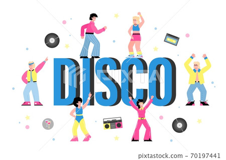 Banner for disco retro dance and music party flat cartoon vector illustration. Banner for disco retro dance and music party flat cartoon vector illustration. 70197441