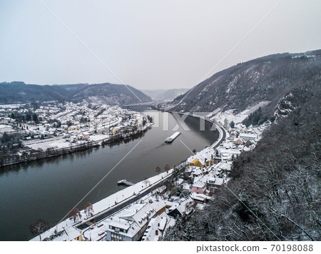 Seasons Concept winter Aerial view of the mosel village Brodenbach in Germany on a misty day 70198088