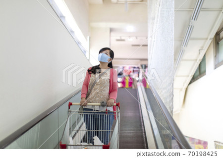 young woman wearing protective mask in shopping mall young woman wearing protective mask in shopping mall 70198425