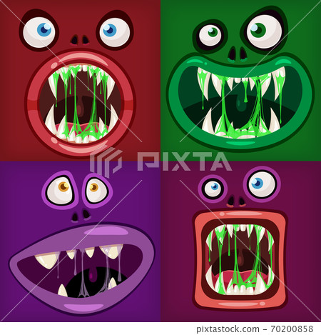 Set Monsters mouths creepy and scary. Funny jaws teeths tongue creatures expression monster horror drool slime. Vector isolated illustration cartoon style Set Monsters mouths creepy and scary. Funny jaws teeths tongue creatures expression monster horror drool slime. Vector isolated illustration cartoon style 70200858