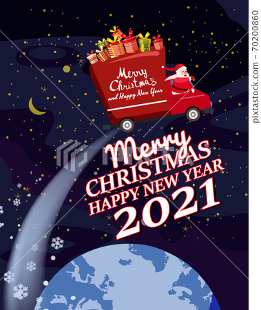 Santa Claus Van with text Merry Christmas and Happy New Year 2021 flies through the night sky above the Earth delivering shipping gifts. Flat cartoon style vector illustration Santa Claus Van with text Merry Christmas and Happy New Year 2021 flies through the night sky above the Earth delivering shipping gifts. Flat cartoon style vector illustration 70200860