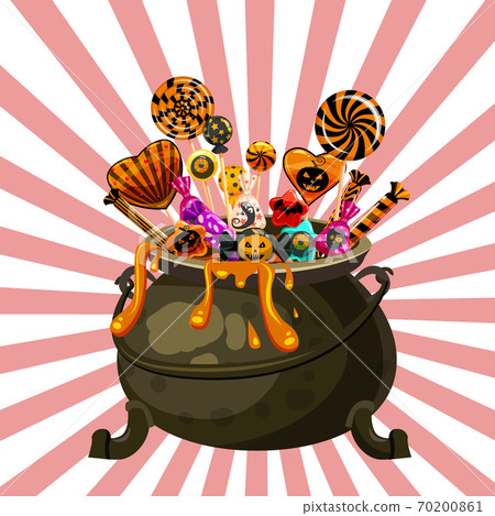 Hello Halloween Cauldron full of Candies and sweets. Autumn october holuday tradition celebration banner poster template. Vector illustration isolated Hello Halloween Cauldron full of Candies and sweets. Autumn october holuday tradition celebration banner poster template. Vector illustration isolated 70200861