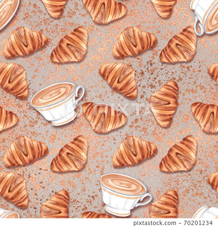 Breakfast seamless pattern. Croissants and coffee Breakfast seamless pattern. Croissants and coffee 70201234