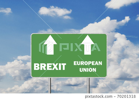 Brexit .Road Sign Depicting United Kingdom Departing European Uniun 70201318