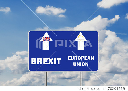 Brexit .Road Sign Depicting United Kingdom Departing European Uniun 70201319