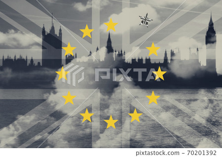 Brexit Concept. Great Britain Departing European Uniun. EU and UK Flag Against London City Background Brexit Concept. Great Britain Departing European Uniun. EU and UK Flag Against London City Background 70201392