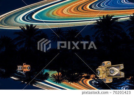 reflection of silhouette dry tree and car in the field and Saturn ring on night sky reflection of silhouette dry tree and car in the field and Saturn ring on night sky 70201423