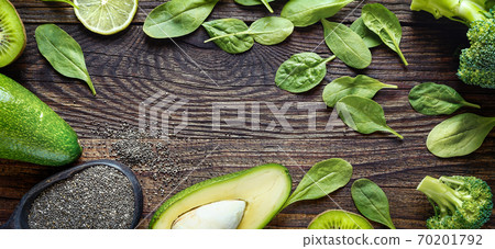 Healthy eating concept with avocado, chia seeds and spinach leaves, broccoli. Background, banner 70201792