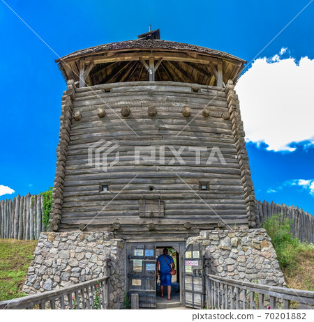 Main entrance to Khortytsia museum in Zaporozhye, Ukraine 70201882