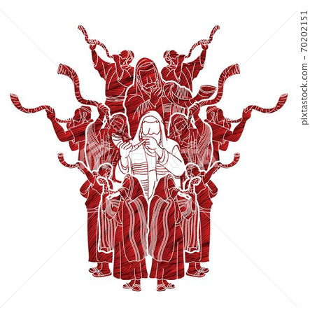 Feast of trumpets. Group of Jewish people blowing the shofar horn cartoon graphic vector Feast of trumpets. Group of Jewish people blowing the shofar horn cartoon graphic vector 70202151