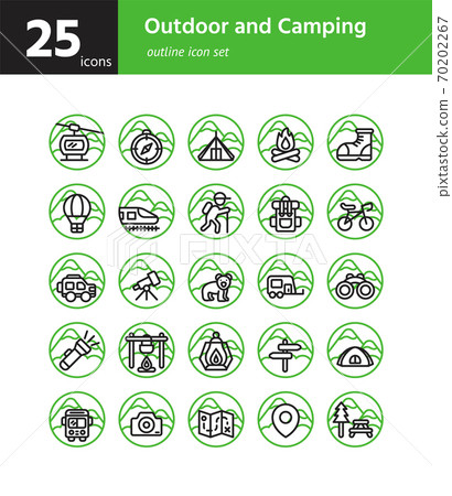 Outdoor and Camping outline icon sel. Vector and Illustration. Outdoor and Camping outline icon sel. Vector and Illustration. 70202267