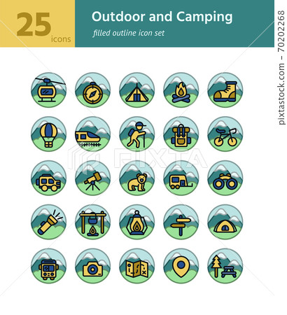 Outdoor and Camping filled outline icon sel. Vector and Illustration. Outdoor and Camping filled outline icon sel. Vector and Illustration. 70202268