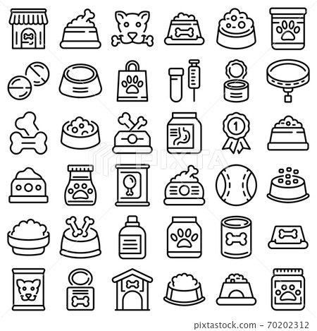 Dog food icons set, outline style Dog food icons set, outline style 70202312
