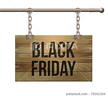 Black Friday sale lettering on Wooden sign suspended on chains. 70202364