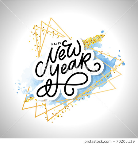 Happy New Year 2021 Beautiful greeting card poster with calligraphy black text word gold fireworks. Hand drawn design elements. Handwritten modern brush lettering watercolor golden frame Happy New Year 2021 Beautiful greeting card poster with calligraphy black text word gold fireworks. Hand drawn design elements. Handwritten modern brush lettering watercolor golden frame 70203139