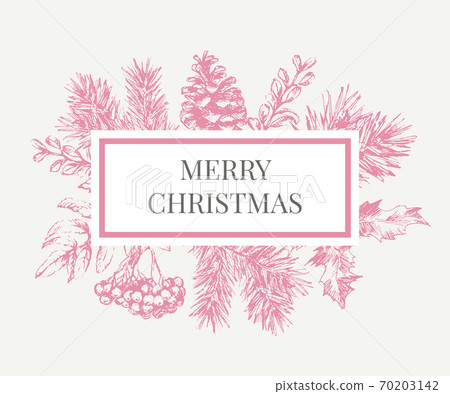 Christmas Poster - Illustration. Lettering Vector illustration of Christmas Frame with branches of christmas tree. Christmas Poster - Illustration. Lettering Vector illustration of Christmas Frame with branches of christmas tree. 70203142