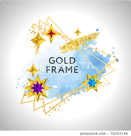 Abstract frame vector celebration background with blue watercolor golden stars and place for text. Abstract frame vector celebration background with blue watercolor golden stars and place for text. 70203146