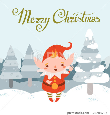 Merry christmas vector postcard with Christmas elf greets in winter landscape Merry christmas vector postcard with Christmas elf greets in winter landscape 70203704