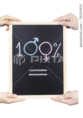 Hands holding a slate with the 100% equal symbol on a white background Hands holding a slate with the 100% equal symbol on a white background 70203935