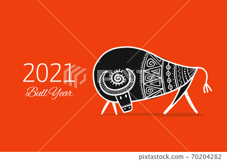 Funny sketch bull. Lunar horoscope sign. Happy new year 2021. Bull, ox, cow. Template for your design - poster, card, invitation Funny sketch bull. Lunar horoscope sign. Happy new year 2021. Bull, ox, cow. Template for your design - poster, card, invitation 70204282
