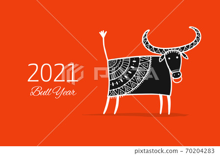 Funny sketch bull. Lunar horoscope sign. Happy new year 2021. Bull, ox, cow. Template for your design - poster, card, invitation 70204283